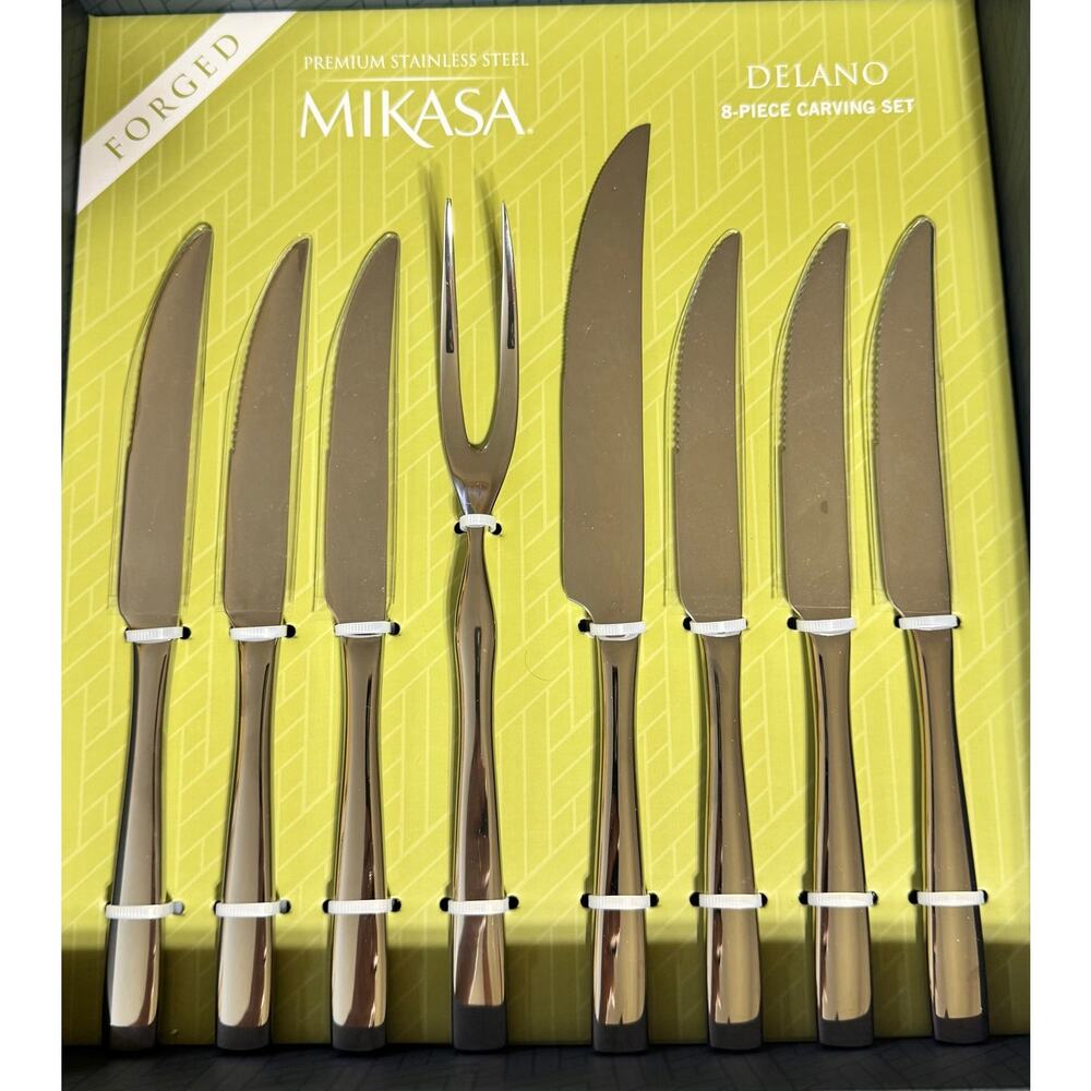 NIB Mikasa Delano‎ 8 Pc Carving Set Stainless Steel Steak Knives